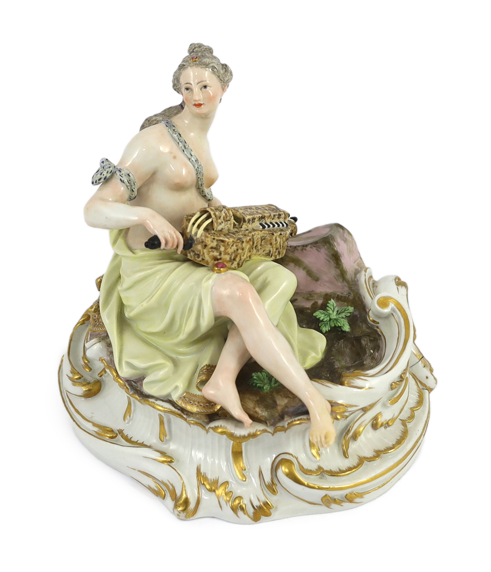 A Meissen figure of Erato playing a hurdy-gurdy, Marcolini period, late 18th/early 19th century, some restoration